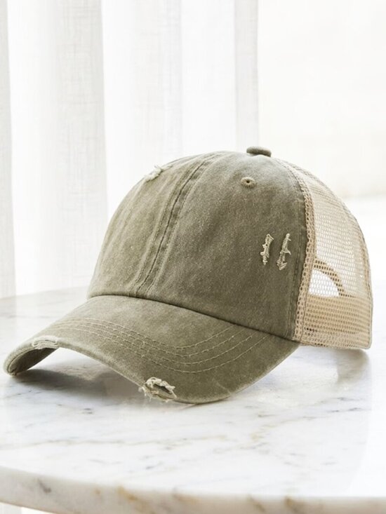 Elizabeth Besich Accessories -  Ladies Khaki Olive Distressed Basball Hat